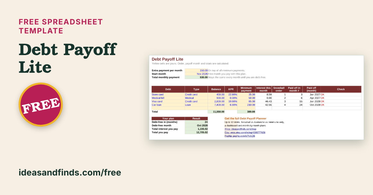 Preview of the free Debt Payoff Lite spreadsheet