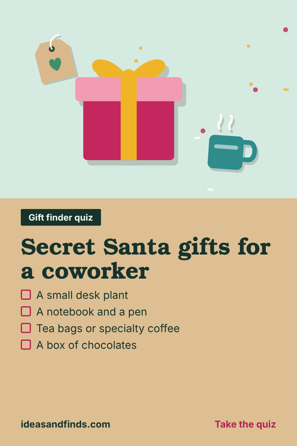 Secret Santa gifts for a coworker: image to save on Pinterest