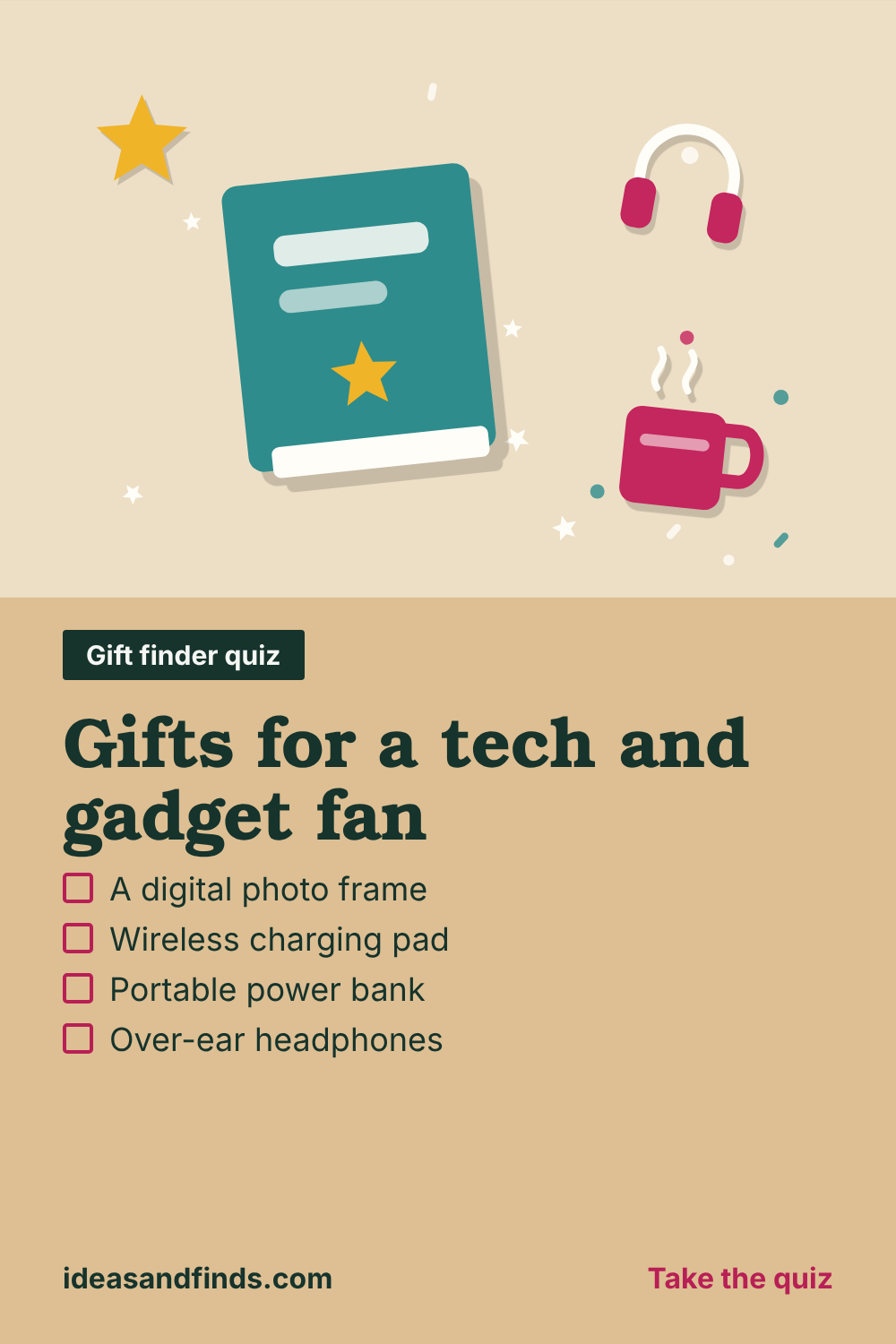 Gifts for a tech and gadget fan: image to save on Pinterest